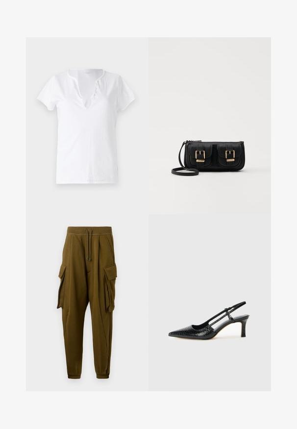 Bijela pamučna majica kratkih rukava, opuštenog kroja i V-izrezom s pločicom koja sadrži pet dekorativnih gumbića.; Maslinaste trenerke s elastičnom trakom u struku, dva velika cargo džepa s preklopima sa svake strane i završetkom na gležnju.; Crne lakirane slingback pete s oštrim vrhom, s teksturiranim uzorkom zmijske kože, podesivom remenom i kratkom, teksturiranom blok-petom.; Crna kožna torba preko ramena s dva prednja džepa, zlatnim kopčama, zatvaranjem na zip i uskim remenom. Teksturirana površina i kompaktan pravokutan oblik.