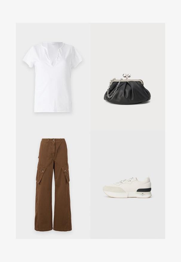 Hvit bomulls T-skjorte med kort erm, avslappet passform og V-hals med en stolpe med fem dekorative knapper.; WEEKEND MaxMara LUCY HALE ELVY - Cargobukse - marrone; Hvite sneakers med en teksturert ser ut som en suede tåhette, glatt mesh-overdel, dekorative snørebånd og en svart gummihælaccent.; Svart lær clutch med samlet tekstur, sølvfarget metallramme, smekklås og kjedehank. Glatt, myk overflate.