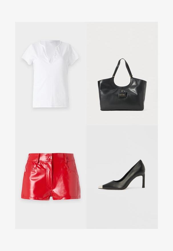 Fehér pamut póló rövid ujjakkal, laza szabással és V-nyakkivágással, öt díszgombbal ellátott gombolással.; Piros műbőr sort, fényes bevonattal, magas derékkal, elülső zsebekkel és varrás részletekkel. Strukturált, testhez álló dizájn.; Fekete bőr magas sarkú cipő hegyes orral és fém ezüst orrtippel. Simább kivitelű, karcsú, 10 cm-es sarokkal.; Fekete bőr tote táska fényes felülettel, ívelt tetejével, két vállpántjával és arany színű fémrészlettel az elején.