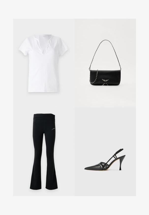 Bijela pamučna majica kratkih rukava, opuštenog kroja i V-izrezom s pločicom koja sadrži pet dekorativnih gumbića.; Crne rastezljive joga hlače sa naboranim pojasom i malim bijelim logotipom na gornjem butu, prikazane na čistoj bijeloj pozadini.; Crne kožne cipele na visokom potpeticu s otvorenim potpeticama, šiljastim prstom, dizajnom s križnim trakama i tankim štiklama. Glatka tekstura i minimalni akcenti.; Crna kožna torba s srebrnim lanac strapom, s dekorativnim krilnim naglascima i bijelim šavovima duž donjeg šava.