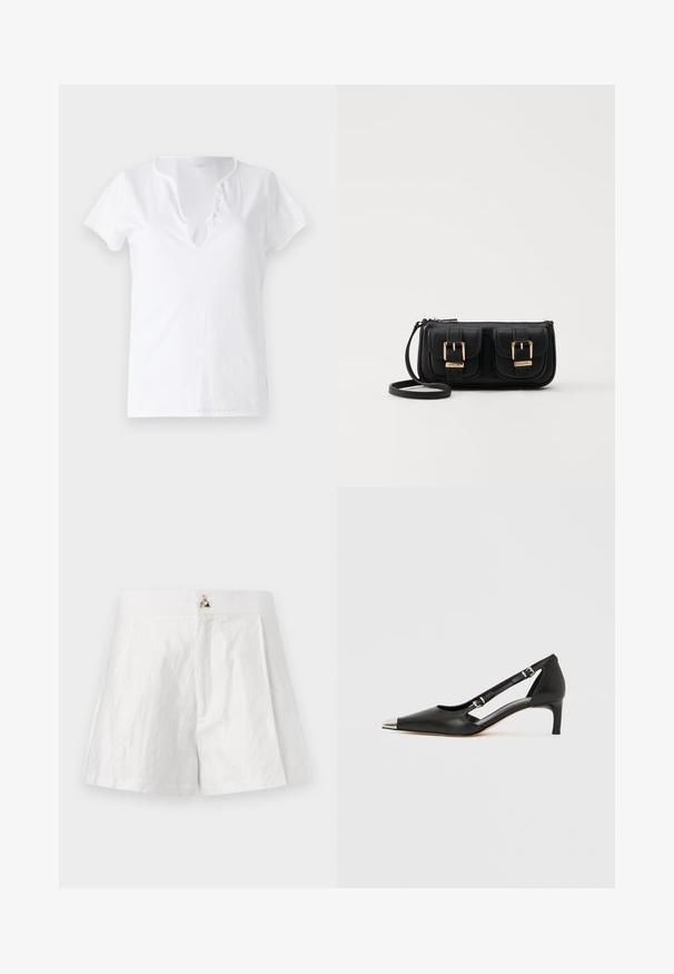White cotton t-shirt with short sleeves, a relaxed fit, and a V-neckline featuring a placket with five decorative buttons.; White linen shorts featuring a flat waistband, pleated front design, and a metallic logo accent at the center front.; Black leather kitten heel with pointed silver toe cap and dual buckle straps on a white background.; Black leather crossbody bag with two front pockets, gold buckles, zipper closure, and a slim strap. Textured surface and compact rectangular shape.
