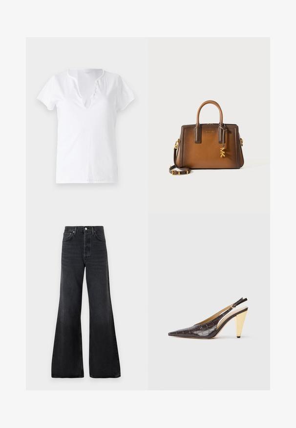 Bela bombažna majica s kratkimi rokavi, sproščenega kroja in z V-izrezom, ki ima placket s petimi dekorativnimi gumbi.; Črne široke kavbojke iz denima, z visokim pasom, sprednjimi žepi in gumbom z kovinskimi pripomočki. Splošna gladka tekstura.; Slingback peto s koničastim nosom, v temno rjavi sijoči umetni krokodilji usnjeni različici. Ima zlate geometrijske pete in nastavljiv ankel trak.; Rjava usnjena torbica z dvema zgornjima ročajema, odstranljivim naramnicam, zlatim okovjem in dekorativnim čarom s črkami "MK."