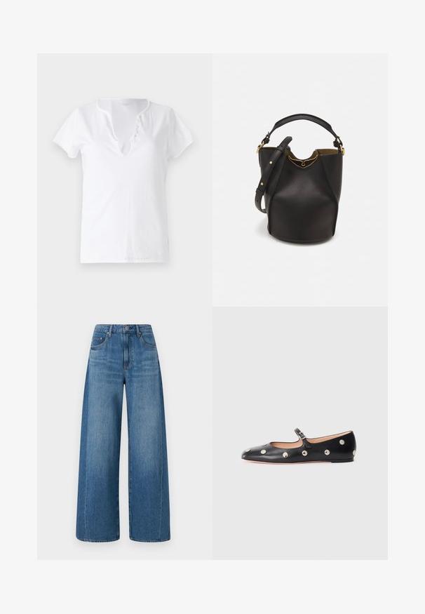 Bílá bavlněná tričko s krátkými rukávy, volným střihem a výstřihem do V se zapínáním na pět dekorativních knoflíků.; Široké modré džíny s průměrným praním, vysokým pasem, pěti kapsami a jemným zvlnením. Vyrobené z denimu s hladkou texturou.; Černé kožené baleríny typu Mary Jane s kulatou špičkou, zdobené stříbrnými kulatými nýty a nastavovacími popruhy se sponou.; Černá kožená kabelka ve tvaru vědra s texturovaným povrchem, zlatými kovovými akcenty a otevřeným vrchem. Obsahuje krátkou rukojeť a nastavitelný ramenní popruh.