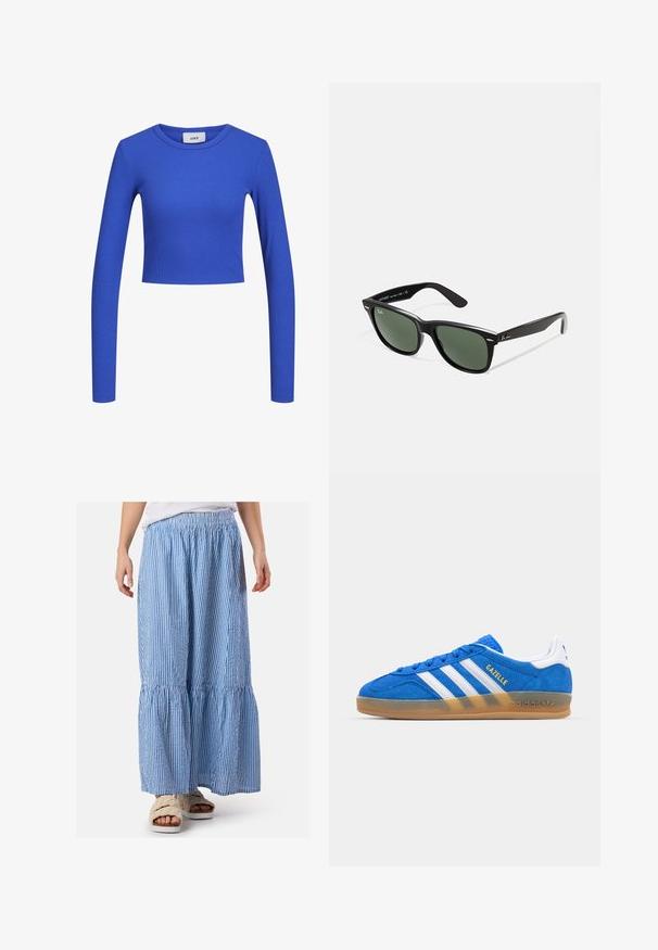Haut court à manches longues en bleu, en maille côtelée, avec un col rond. Texture lisse et coupe ajustée, présentant un motif subtil sur l'ensemble. Étiquette de marque visible.; Jupe maxi rayée bleue et blanche avec un taille élastique, des volants froncés, et un tissu léger. Associée avec des sandales duveteuses.; Baskets en daim bleu avec des rayures blanches et le texte "Gazelle". Présentent une semelle en caoutchouc à gomme et des accents texturés sur le dessus. Design classique.; Lunettes de soleil en plastique noir avec verres verts, monture carrée, accent argenté sur le sourcil et branches texturées. Marque indiquée sur l'intérieur de la branche.