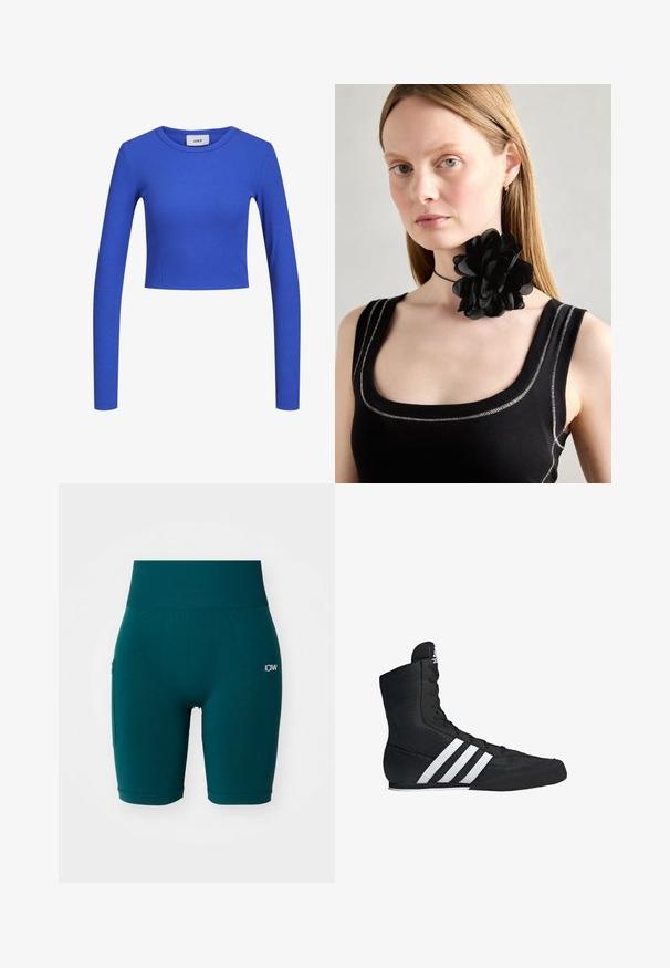 Blauw langwerpig gebreid crop top met een ronde hals. Effen textuur en aansluitend ontwerp, met een subtiel patroon overal. Merklabel zichtbaar.; Teal sportieve shorts gemaakt van stretchy stof. Hoge tailleband en zijvak. Eenvoudig ontwerp met klein wit logo aan de voorkant.; Zwarte hoge sportschoen met een textiel bovenwerk, voorzien van drie witte strepen en een veterontwerp aan de voorkant. Platte rubberen zool aan de onderkant.; Zwarte bloemen choker ketting gemaakt van gelaagde bloemblaadjes, gedragen met een zwarte ribgebreide tanktop met zilveren accenten langs de halslijn en schouders.