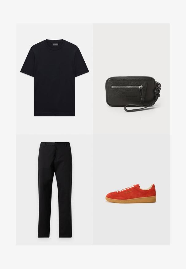 Must ja lühikeste varrukatega T-särk ümaratest kaelusest, diskreetne reljeefne logo disain, mis on keskendatud rinnale, ja kaubamärgiga silt kaeluses.; Mustad sirged džinsid, millel on nupp ja lukuga kinni panemine, vöökohad ja eesmine taskud, esitatud valgel taustal.; Punane sametist jooksujalgadega tennised valgete nööridega, pruuni kummist tallaga ja kuldse brändinguga küljel. Ümar varvas ja madala profiiliga disain.; Must musta nahk-käekott tekstureeritud pinnaga, ees suure tõmblukuga tasku ja eemaldatav randmepael. Esiküljel on logo-patch. Ristkülikukujuline.