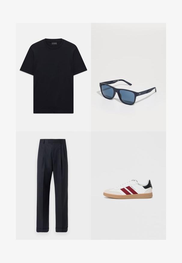 T-shirt preto de mangas curtas com decote redondo, apresentando um discreto design de logotipo em relevo centrado no peito e uma etiqueta da marca na gola.; Tiger of Sweden TREYTON - Calças - dark ink; Sneakers brancos de cano baixo com duas riscas em marrom, uma biqueira em camurça e um detalhe preto no calcanhar, com uma sola de borracha.; Óculos de sol retangulares azuis com lentes escuras, armação matte em azul marinho, detalhe do logo na haste, hastes retas e uma textura sólida e suave.