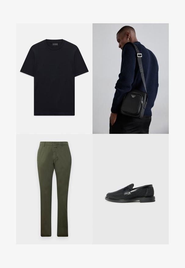 Svart kortermet T-skjorte med rund hals og subtil preget logo-design sentrert på brystet, samt et merke inne i halsen.; Olivenfargede rett ben bukser med beltehemper, frontglidelås og knappelukking, vist på hvit bakgrunn.; Sorte vevde slip-on sko med en glatt lærdetalj på overdelen, design med rund tå og en lavprofil gummisåle.; Svart lær crossbody-veske med en glidelåslomme, logo-detalj og justerbar rem med merke. Båret mot en teksturert marineblå genser.