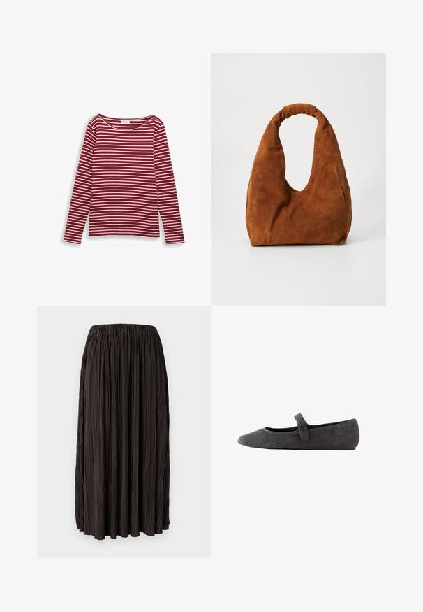 Rot-weiße gestreifte Langarmbluse mit weitem Ausschnitt und geradem Schnitt. Weiches Material mit gleichmäßigen horizontalen Linien.; Faltenrock aus schwarzem, leichtem Stoff mit elastischem Bund. Verfügt über vertikale Falten über die gesamte Oberfläche, ohne zusätzliche Akzente.; Graue Corduroy-Ballerinas mit runder Zehenpartie, einem Knöchelriemen mit Schnalle und einer strukturierten Oberfläche. Flache Sohle für zusätzlichen Komfort.; Braune Wildleder-Hobo-Tasche mit einer weichen, runden Form, ausgestattet mit einem großen, gebogenen Griff und zwei unauffälligen Seitennähten. Texturierte Oberfläche, keine sichtbaren Beschläge.