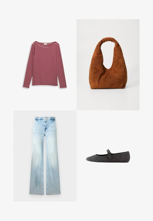 Camiseta de manga larga a rayas rojas y blancas con un escote ancho y corte recto. Material suave con líneas horizontales uniformes.; Jeans acampanados de color azul claro, confeccionados en denim. Presentan un lavado desvaído, bolsillos estándar y un cierre de botón en la cintura.; Zapato plano de courdura gris con puntera redondeada, tira en el tobillo con hebilla y superficie texturada. Suela plana para mayor comodidad.; Bolso hobo de ante marrón con una forma suave y redondeada, que presenta un gran asa curvada y dos costuras laterales discretas. Superficie texturizada, sin herrajes visibles.