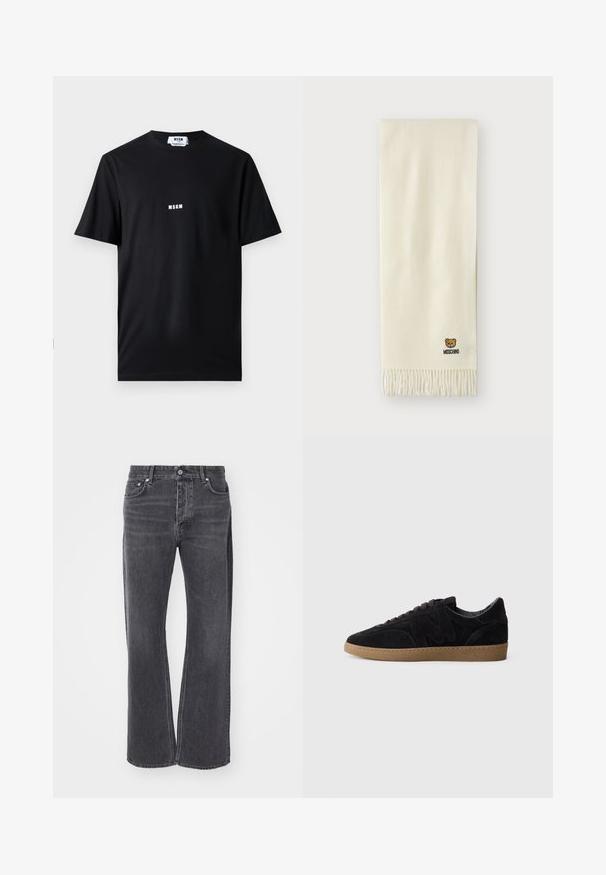Fekete pamut póló kerek nyakkal és rövid ujjal. Elöl fehér "MSGM" logó található középen. Simább textúra, normál fazon.; Fekete, magas derekú farmernadrág, laza, széles lábú kivitelben. Denim anyagból készült, finom kopással és elülső, valamint hátsó zsebekkel.; Fekete velúr sportcipők textúrált felülettel, jellegzetes ívelt logóval, szürke fűzőkkel és világosbarna gumitalpakkal.; Krém színű sál, puha anyagból, frufrus szélekkel és egy kis hímzett medve logóval, amelyen a "Moschino" felirat olvasható.