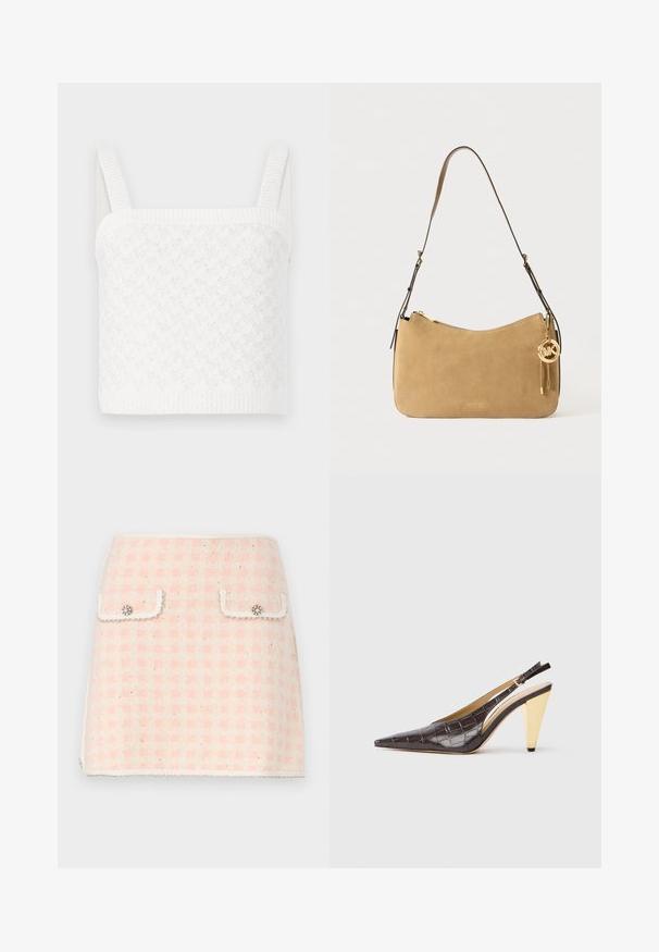 Bijeli pleteni crop top s kvadratnim izrezom, s teksturiranim uzorcima i širokim rebrastim trakama. Mekana tkanina s suptilnim sjajem.; Vuna mini suknja u ružičastoj i krem uzorku s kariranim motivom, sadrži dva prednja džepa s dekorativnim dugmadima i resastim rubom.; Cipele s potpeticom i otvorenim stražnjim dijelom, u tamnosmeđoj sjajnoj umjetnoj koži krokodila. Sadrže zlatnu geometrijsku potpeticu i prilagodljivu naramenicu.; Tamnasta kožna torba s ravnim oblikom, zlatnim detaljima i zatvaranjem na patentni zatvarač. Ima privjesak s inicijalima "MK."