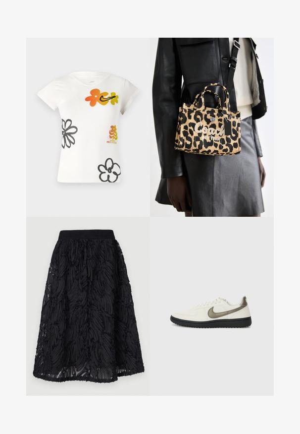 Balta īsām piedurknēm t-kreklā ar krāsainiem ziedu rakstiem oranžā, dzeltenā un melnā krāsā. Izgatavots no maiga kokvilnas maisījuma ar V veida kakla izgriezumu.; Melnā svārku ikona ar teksturētu dizainu un slāņotu, viļņotu rakstu. Audums izskatās viegls, ar savāktu vidukli un plūstošu apakšmalu.; Nike Sportswear FIELD GENERAL - Treniņu apavi - off-white/black; Lietussargu ar leoparda rakstu tan un melnā audumā, ar diviem augšējiem rokturiem un "Coach New York" tekstu priekšpusē, kā arī metāla sprādzi.