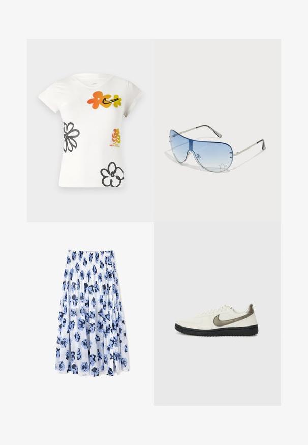 Witte t-shirt met korte mouwen met kleurrijke bloemenontwerpen in oranje, geel en zwart. Gemaakt van een zachte katoenmix met een v-hals.; Een geplooide rok gemaakt van lichtgewicht stof, met een witte achtergrond en blauwe bloemenpatronen met donkere accenten.; Nike Sportswear FIELD GENERAL - Sneakers laag - off-white/black; Aviator zonnebril met een gradient blauwe lens, zilveren metalen frame en decoratieve sterrenaccenten op de lens. Glad en strak ontwerp.