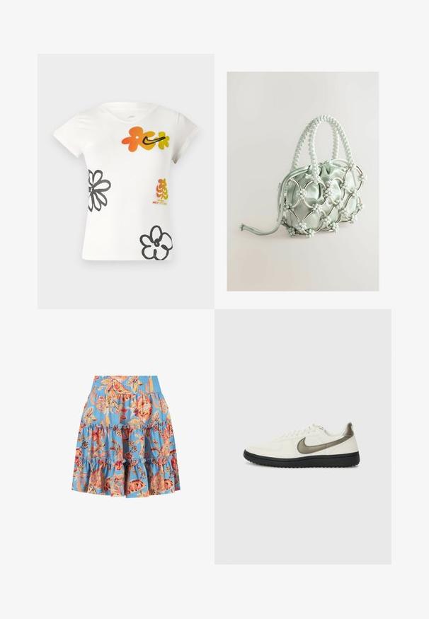 Valge lühikese varrukaga t-särk, millel on värvilised lillemustrid oranži, kollase ja musta värviga. Valmistatud pehmest puuvilla segust ja v-kaelusega.; Kleit sinise lillelise mustriga, millel on kihilised ja volditud detailid ning elastne vöökoht. Värvid: oranž, kollane ja mustad detailid.; Nike Sportswear FIELD GENERAL - Tossud - off-white/black; Next Käekott - blue