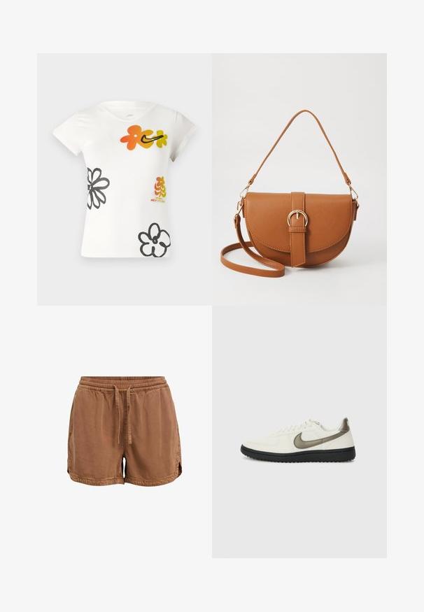 T-shirt blanc à manches courtes avec des motifs floraux colorés en orange, jaune et noir. Fabriqué en un doux mélange de coton avec un décolleté en V.; Shorts marron en tissu doux, avec une taille élastique, un cordon de serrage réglable et des poches latérales. Ourlet avec petites fentes sur les côtés.; Nike Sportswear FIELD GENERAL - Baskets basses - off-white/black; Sac bandoulière en cuir marron avec une forme incurvée, quincaillerie dorée et un accent en boucle. Comprend une bandoulière détachable.
