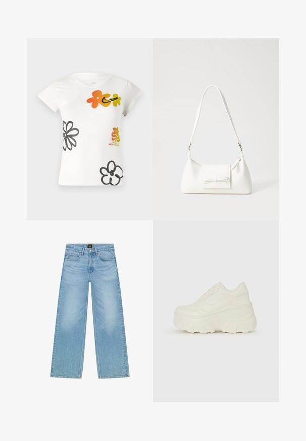 Valge lühikese varrukaga t-särk, millel on värvilised lillemustrid oranži, kollase ja musta värviga. Valmistatud pehmest puuvilla segust ja v-kaelusega.; Heledad sinine, laiade sääremikega teksad, mis on valmistatud denimist. Omab klassikalist viie taskuga disaini ja peent pleegitatud tekstuuri. Nupp ja tõmblukk.; Valged platvormi tõusukingad, millel on siledast nahast meenutav pealis, ümar kuju, pehmendatud kaelus ja tekstureeritud kummitald koos selgete hüdrofoobsete mustritega.; Valge sünteetilisest materjalist kott kolmnurkse kujuga, lame esiklapiga ja kaaredetailiga, reguleeritava rihmaga, sileda tekstuuriga ja minimalistliku disainiga.