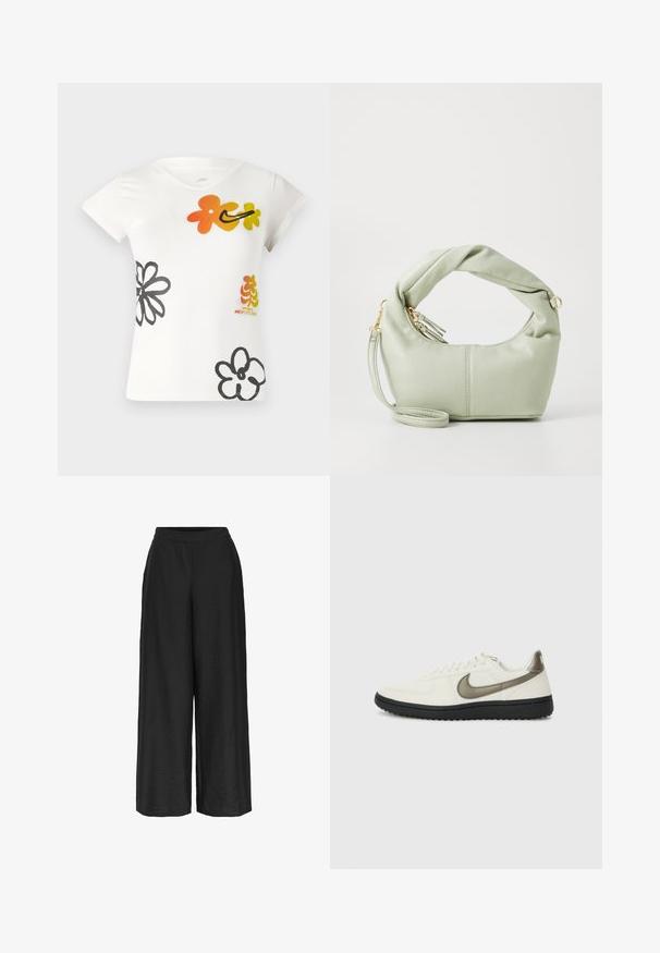 Vit t-shirt med kort ärm som har färgglada blommönster i orange, gult och svart. Tillverkad av en mjuk bomullsblandning med v-ringning.; Breda byxor i enfärgat svart, tillverkade av en texturerad tyg. Har resårmidja och en lös, flödande silhuett.; Nike Sportswear FIELD GENERAL - Sneakers - off-white/black; Grön faux läderhandväska med en snoddhandtag, guldfärgad hårdvara och ett avtagbart band. Rundad form med en slät textur och sömdetaljer.
