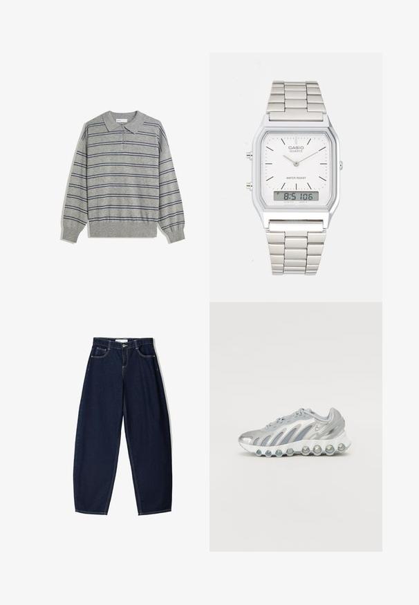 Szary sweter polo z długim rękawem, z kołnierzykiem, z granatowymi poziomymi paskami i zapięciem na guziki przy kołnierzu. Miękka faktura.; Granatowe dżinsowe spodnie o luźnym kroju, z pięcioma kieszeniami, kontrastowym przeszyciem i zamkiem błyskawicznym z przodu.; Srebrno-szare buty sportowe z siateczkową cholewką, zakrzywionym kształtem i unikalną okrągłą podeszwą z przezroczystymi elementami amortyzującymi.; Srebrny zegarek ze stali nierdzewnej z kwadratową kopertą, białą tarczą, analogowym i cyfrowym wyświetlaczem oraz metalową bransoletą. Wodoodporna konstrukcja.