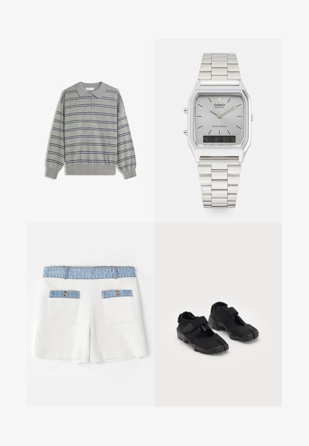 Šedý pletený svetr s dlouhým rukávem a límečkem, který má námořnické horizontální pruhy a zapínání na knoflíky u límce. Měkká textura.; Maje IRSALA - Šortky - ecru; Černé vodní boty vyrobené z pružné tkaniny s suchým zipem, s jedinečným designem rozděleného prstu a texturovanou gumovou podrážkou pro lepší přilnavost.; Stříbrné kvartzové hodinky Casio s obdélníkovým ciferníkem, analogovým a digitálním zobrazením, nerezovým páskem a voděodolnými vlastnostmi.