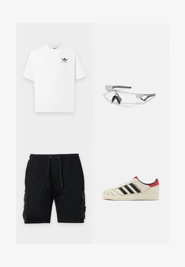 Valge puuvillane T-särk lühikeste varrukatega, mille esitupal on must "BASKETBALL" logo ja ikooniline kolmerealine disain.; Mustad mustad lühikesed püksid, mis on valmistatud puuvilla segust, sisaldavad kahte külgekotti, reguleeritavat vöökohta tõmbeniidiga ja sujuvat tekstuuri.; Kreemist nahast tossud mustade triipudega, punaste kannakate aktsentidega ja tekstuursete detailidega. Omab kummist tallat ja seotud sulgemist.; Selged ohutusprillid kerge, läbipaistva raami ja hallide aktsentidega. Omab ümbritsevat disaini ja reguleeritavat ninatükki.