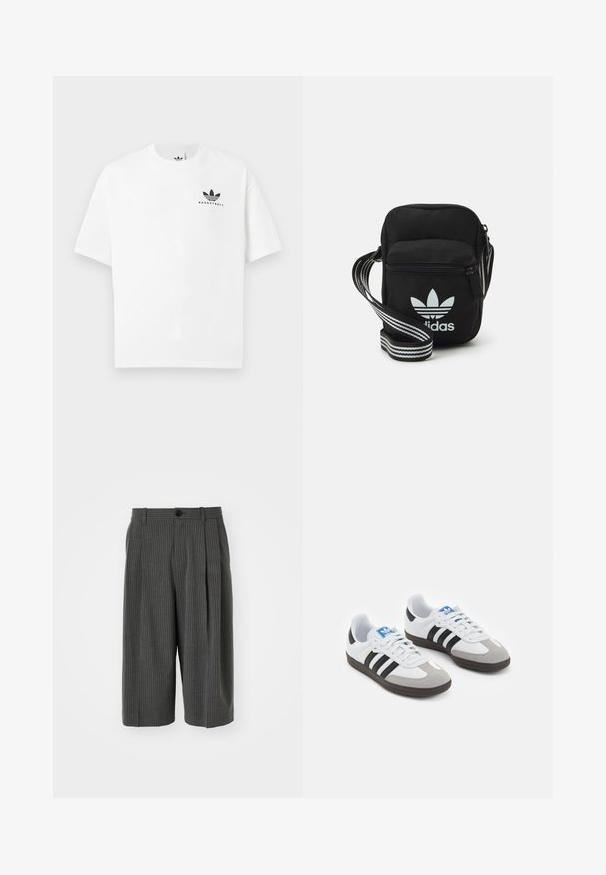 Weißes Baumwoll-T-Shirt mit kurzen Ärmeln, das ein schwarzes "BASKETBALL"-Logo und ein ikonisches Drei-Streifen-Design auf der Vorderseite aufweist.; Graue, gestreifte, weitgeschnittene Shorts mit einem Knopfverschluss und plissiertem Vorderteil. Aus einem strukturierten Stoff gefertigt und mit einem maßgeschneiderten Design.; Sportschuhe mit einem Obermaterial aus weißem Leder, grauer Wildleder-Zehenkappe und drei schwarzen Streifen. Sie verfügen über ein blaues Logo auf der Zunge und eine strukturierte Gummisohle.; Schwarze Umhängetasche aus Stoff mit Reißverschluss, ausgestattet mit einem weißen Adidas-Logo und einem gestreiften, verstellbaren Tragegurt für einfachen Transport.
