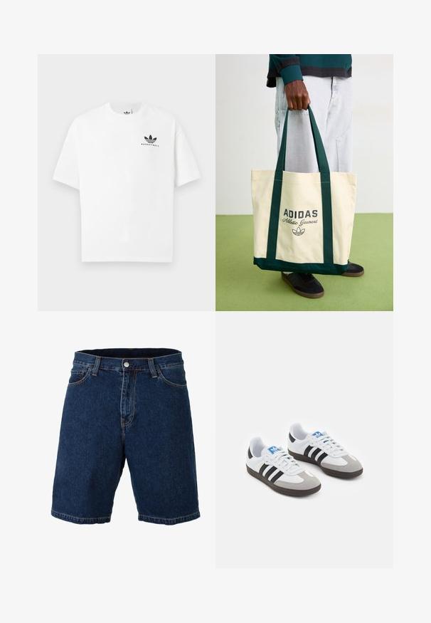 T-shirt de algodão branco com mangas curtas, apresentando um logótipo preto "BASKETBALL" e o icónico design de três riscas na parte da frente.; Calções de ganga azul escuro com corte reto, cintura regular e fecho de botão metálico; apresentam costuras e bainha em amarelo contrastante.; Ténis desportivos com um cabedal em pele branca, biqueira em camurça cinza e três riscas pretas. Apresenta um logo azul na língua e uma sola de borracha texturizada.; Pessoa segurando uma mala tote bege da Adidas com alças verde-escuras, vestindo calças cinzentas claras e ténis pretos em um piso verde.