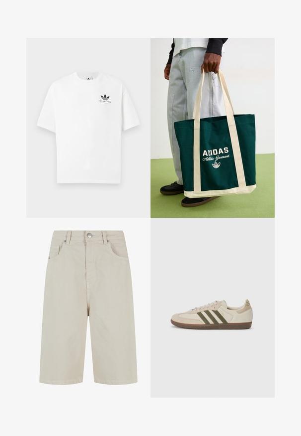 Hvid bomulds t-shirt med korte ærmer, der har et sort "BASKETBALL" logo og det ikoniske tre-stribes design på forsiden.; Beige denim shorts med lige snit, en frontknaplukning og fire lommer. Stof har en glat tekstur og minimal sømdetail.; adidas Originals SAMBA OG UNISEX - Sneakers - alumina/medium dark khaki/gum; Person holder en mørkegrøn Adidas tote bag med beige stropper og bund, iført lyse jeans og sorte sko på grønne gulv.