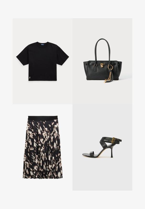Must musta t-särk lühikeste varrukatega, ümar kaelus ja väike valge logo alumisel vasakul küljel. Klassikaline, kastikujuline lõige minimaalsete detailidega.; Plekktaskuga seelik laia musta vöödiga; mustri, mis hõlmab toone mustast, kreemjast ja pruunist; sile tekstuur voolava disainiga.; Mustad mustand koos ristatud rihmade ja reguleeritava pandlaga. Omab siledat tekstuuri ja kitsenevat stiletto kontsa.; Must musta kott, millel on kahekordsed käepidemed, kuldne lukustus ja kett, ning must-valge tutikate aksessuaar valge tausta ees.