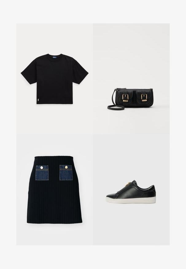 Schwarzes Baumwoll-T-Shirt mit kurzen Ärmeln, Rundhalsausschnitt und kleinem weißen Logo unten links. Klassische, kastige Passform mit minimaler Detailgestaltung.; Schwarzer, gerippter Minirock mit einer taillierten Taille, der zwei blaue Jeans-Pattentaschen vorne mit silbernen Knopfakzenten aufweist.; Schwarze Leder-Slipper mit einer erhöhten Naht, silbernen Hardware-Details auf dem Obermaterial und einer weißen Gummisohle mit geprägtem Branding.; Schwarze Leder-Umhängetasche mit zwei vorderen Taschen, goldenen Schnallen, Reißverschluss und einem schmalen Tragegurt. Texturierte Oberfläche und kompakte rechteckige Form.