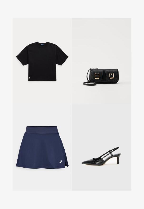 Svart bomullströja med korta ärmar, rund hals och en liten vit logotyp i nederkant till vänster. Klassisk, boxig passform med minimal detaljering.; Marinblå idrottskjol gjord av mjukt tyg, med en bred elastisk midjeband och sidora för rörelse. Liten vit logotyp framtill.; Svart lackskin slingback-häl med spetsig tå, med texturerad ormskinnsprint, justerbar rem och en kort, texturerad blockklack.; Svart läderaxelväska med två framfickor, guldspännen, dragkedjestängning och en smal rem. Texturerad yta och kompakt rektangulär form.