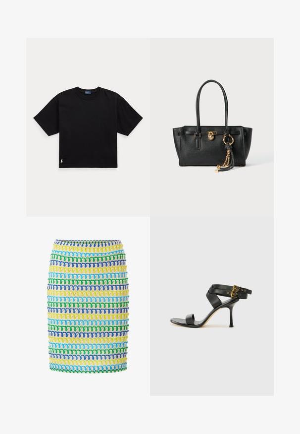 Must musta t-särk lühikeste varrukatega, ümar kaelus ja väike valge logo alumisel vasakul küljel. Klassikaline, kastikujuline lõige minimaalsete detailidega.; Kootud seelik, millel on horisontaalsed riba kollases, rohelises, sinises ja valges värvitoonis. Mustriga veniv kangas, millel on vormiv siluett.; Mustad mustand koos ristatud rihmade ja reguleeritava pandlaga. Omab siledat tekstuuri ja kitsenevat stiletto kontsa.; Must musta kott, millel on kahekordsed käepidemed, kuldne lukustus ja kett, ning must-valge tutikate aksessuaar valge tausta ees.