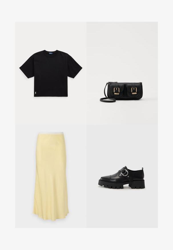 Schwarzes Baumwoll-T-Shirt mit kurzen Ärmeln, Rundhalsausschnitt und kleinem weißen Logo unten links. Klassische, kastige Passform mit minimaler Detailgestaltung.; Helle gelbe Satin-Midirock mit glatter Textur, ausgestelltem Design und elastischem Bund, der einen subtilen Glanz aufweist.; Schwarze Leder Schuhe mit einer dicken, gerippten Sohle, die mit einer runden silbernen Hardware-Akzent und minimalen Stickdetails ausgestattet sind.; Schwarze Leder-Umhängetasche mit zwei vorderen Taschen, goldenen Schnallen, Reißverschluss und einem schmalen Tragegurt. Texturierte Oberfläche und kompakte rechteckige Form.