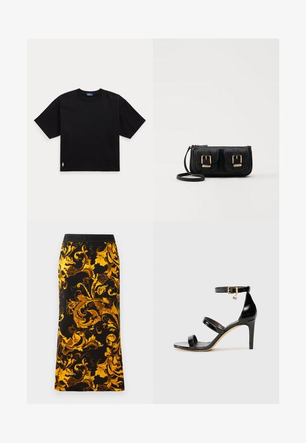 Fekete pamut póló rövid ujjal, kerek nyakkal és egy kis fehér logóval az alsó bal oldalon. Klasszikus, dobozos szabás minimális részletezéssel.; Fekete szoknya élénk arany virágmintával, puha anyagból készült, rugalmas fekete derékkal, amelyen a márka logója látható.; Fekete lakk bőr szandál három pánttal, bokapánttal és 10 cm magasságú tűsarokkal. Arany színű részletekkel és logó charm-mal rendelkezik.; Fekete bőr keresztbody táska két elülső zsebbel, arany csattokkal, cipzáras záródással és vékony pánttal. Textúrált felület és kompakt téglalap alak.