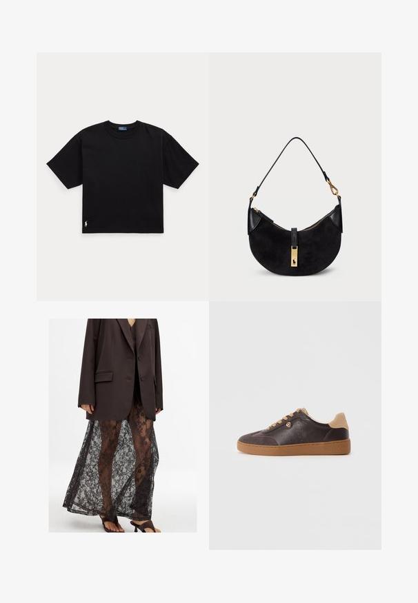 Sort bomulds T-shirt med korte ærmer, rund hals og et lille hvidt logo i nederste venstre hjørne. Klassisk, boxy pasform med minimal detaljering.; Overdimensineret brun blazer over en gennemsigtig sort blonde nederdel med blomstermønstre, parret med sorte hæle sandaler.; Mørkebrun læder- og ruskinds sneaker med lysebrune snørebånd og sål, guld logo detalje, og "Michael Kors" præget på sålen.; Sort håndtaske med en kurvet form, lavet af ruskind og læder, med en lynlås i guldfarve og logo-detalje. Inkluderer et kort håndtag.