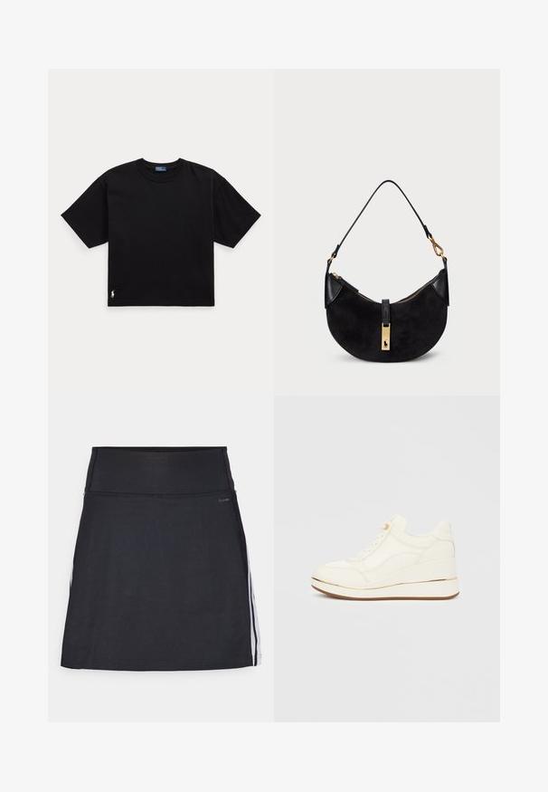 Camiseta de algodón negra con mangas cortas, cuello redondo y un pequeño logo blanco en la parte inferior izquierda. Ajuste clásico y cuadrado con mínimos detalles.; Skort atlético negro con cintura ancha, hecho de tela elástica. Presenta rayas laterales blancas y un acabado liso y sin costuras.; Zapatillas blancas con un diseño texturizado, puntera redondeada, cierre de cordones y un tacón cuña acentuado por una raya dorada. Suela de goma.; Bolso negro con forma curva, hecho de ante y cuero, con cremallera de tono dorado y detalle de logo. Incluye un asa corta.