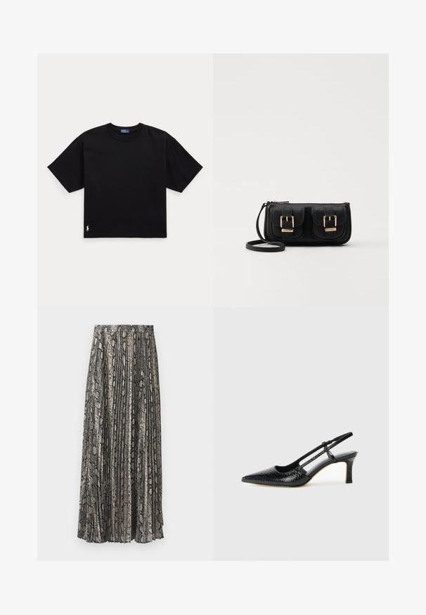 Črna bombažna majica s kratkimi rokavi, okroglo ovratnikom in majhnim belim logotipom na spodnjem levem delu. Klasična, kvadratna oblika z minimalnimi detajli.; Plisirana midi krila v vzorcu kače, v odtenkih sivo, črno in bež. Narejena iz lahkega materiala z elastičnim pasom.; Črne lakaste slingback pete s koničastim nosom, ki imajo teksturiran vzorec kačje kože, nastavljiv trak in kratek teksturiran blok peto.; Črna usnjena torbica čez ramo z dvema sprednjima žepoma, zlatimi zaponkami, zadrgo in ozkim pasom. Tekstura površine je strukturirana, obliko pa ima kompaktno pravokotno.