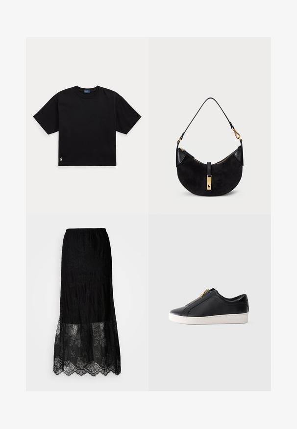 Camiseta preta de algodão com mangas curtas, decote redondo e um pequeno logótipo branco na parte inferior esquerda. Ajuste clássico e descontraído, com detalhes mínimos.; Saia maxi preta com uma secção superior texturizada e uma bainha inferior em rendas com padrões florais e bordas em forma de onda. Cintura elástica.; Sapatilha baixa de couro preta com sola branca e fecho de zíper dourado, vista lateral, estilo minimalista sobre fundo simples.; Mala preta com forma curve, feita de camurça e couro, com um fecho de correr dourado e um detalhe com o logótipo. Inclui uma alça curta.