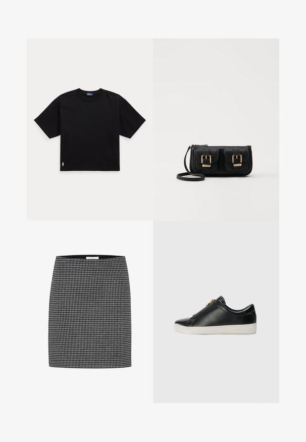 T-shirt en coton noir à manches courtes, col rond, avec un petit logo blanc en bas à gauche. Coupe classique, ample, avec un minimum de détails.; Jupe en pied-de-poule noir et blanc avec une silhouette ajustée, texture lisse et une taille. Pas de matériel visible ni de motifs autre que le design pied-de-poule.; Chaussures noires en cuir à enfiler avec une couture surélevée, détail en métal argenté sur le dessus, et une semelle en caoutchouc blanche avec un logo en relief.; Sac en cuir noir porté en travers avec deux poches avant, boucles dorées, fermeture zippée et une sangle fine. Surface texturée et forme rectangulaire compacte.