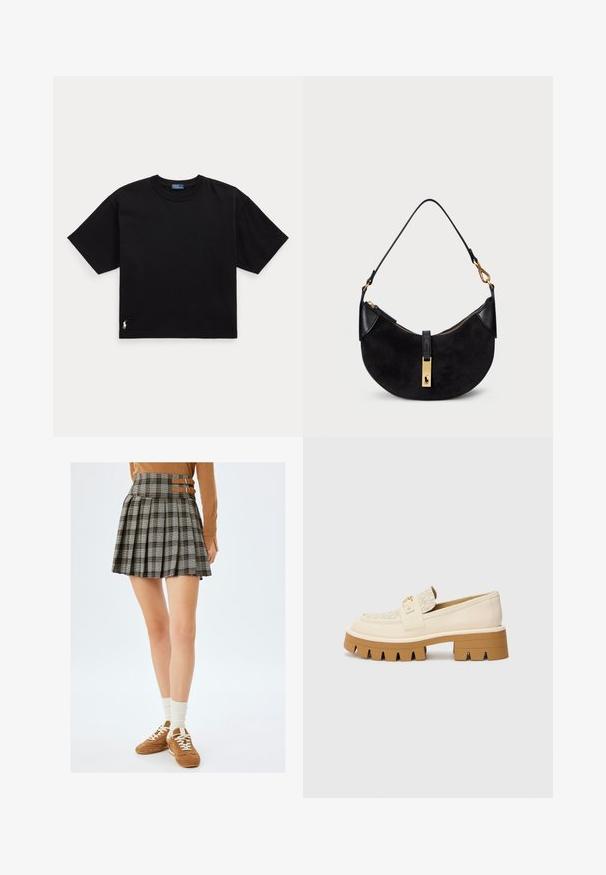 Camiseta de algodón negra con mangas cortas, cuello redondo y un pequeño logo blanco en la parte inferior izquierda. Ajuste clásico y cuadrado con mínimos detalles.; Falda de cuadros gris con plisados y tirantes de acento marrón en la cintura. Combinada con zapatillas marrones y calcetines crema.; Mocasines beige con una correa texturizada color crema, que presentan una suela marrón gruesa con patrones similares a dientes. Acento dorado en el detalle de la hebilla.; Bolso negro con forma curva, hecho de ante y cuero, con cremallera de tono dorado y detalle de logo. Incluye un asa corta.