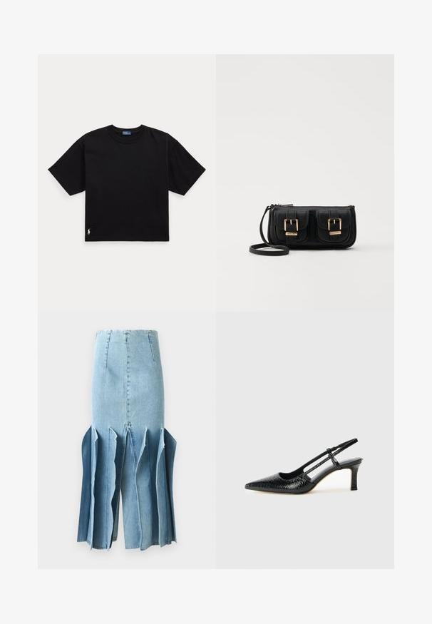 Musta puuvillapaita lyhyillä hihoilla, pyöreällä kaula-aukolla ja pienellä valkoisella logolla vasemmassa alareunassa. Klassinen, laatikkomainen malli, jossa on minimaalista yksityiskohtaisuutta.; Vaaleansininen farkkuhame, jossa on leveä muotoilu, sahalaitaiset reunat ja pystysaumat. Materiaali on sileä ja siinä on näkyviä ompeluyksityiskohtia.; Musta patent slingback-kiilakorko teräväkärkisellä muotoilulla, jossa on teksturoitu käärmeennahkakuosi, säädettävä remmi ja lyhyt, teksturoitu blokkiheel.; Musta nahkainen olkalaukku, jossa on kaksi etutaskua, kultaiset soljet, vetoketjukiinnitys ja kapea hihna. Teksturoidun pinnan ja kompaktin suorakaiteen muoto.; Lauren Ralph Lauren BASIC SMALL HOOP - Korvakorut - gold-coloured