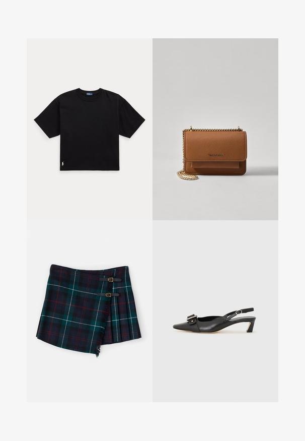 Fekete pamut póló rövid ujjal, kerek nyakkal és egy kis fehér logóval az alsó bal oldalon. Klasszikus, dobozos szabás minimális részletezéssel.; Polo Ralph Lauren MINI - Miniszoknya - tartan; Fekete bőr szandál kis sarkú, hegyes orral, díszes csattal a felsőrészen. Simább textúra, minimalista design.; Barna textúrájú bőr keresztbody táska arany lánc pánttal és fedélzárral. Az elején logó részlet és egy zseb található a fedél alatt.