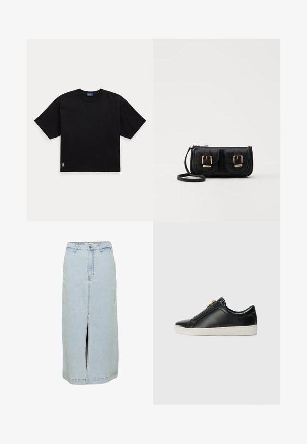 Svart bomullströja med korta ärmar, rund hals och en liten vit logotyp i nederkant till vänster. Klassisk, boxig passform med minimal detaljering.; Denimkjol i ljusblått, rak skärning, knälång med en sprund fram, bältesslingor och knappstängning vid midjan.; Svarta läderskor utan snörning med en upphöjd söm, silverdetaljer på ovandelen och en vit gummisula med präglad logotyp.; Svart läderaxelväska med två framfickor, guldspännen, dragkedjestängning och en smal rem. Texturerad yta och kompakt rektangulär form.