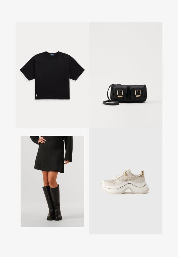 Zwarte katoenen T-shirt met korte mouwen, ronde hals en een klein wit logo op de linker benedenkant. Klassieke, rechte pasvorm met minimale details.; Vrouw in een zwarte gebreide rok, zwarte langemouwen trui en zwarte leren laarzen tot de knie, staande met één hand op haar heup.; Beige en gouden platform sneaker met "MK" patroon, vetersluitingen aan de voorkant, gouden bedel en dikke golvende zool tegen een effen achtergrond.; Zwarte leren schoudertas met twee vo pockets, gouden gespen, ritsluiting en een smalle band. Tekstuur oppervlak en compacte rechthoekige vorm.