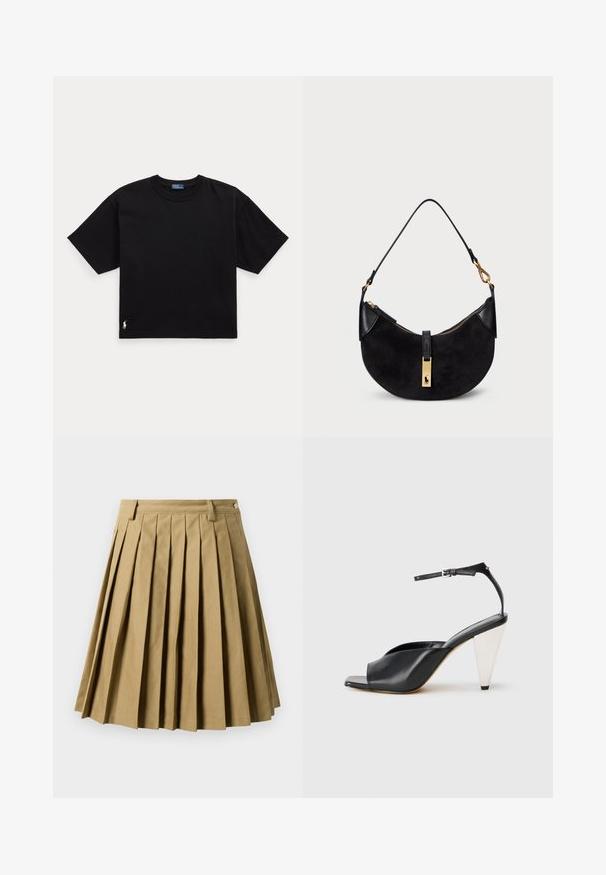 Black cotton t-shirt with short sleeves, round neck, and a small white logo on the bottom left. Classic, boxy fit with minimal detailing.; Khaki pleated skirt made of cotton blend, featuring a fitted waistband with belt loops and a flared silhouette, finishing above the knee.; Black leather high heel sandal with open toe, asymmetrical design, ankle strap, and a metallic cone-shaped heel. Smooth texture throughout.; Black handbag with a curved shape, made of suede and leather, featuring a gold-tone zipper and a logo detail. Includes a short handle.