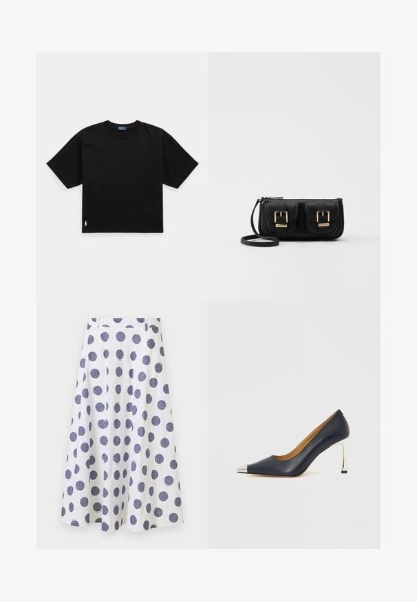 Black cotton t-shirt with short sleeves, round neck, and a small white logo on the bottom left. Classic, boxy fit with minimal detailing.; A knee-length, white skirt with a flared design, featuring large navy blue polka dots. It has a smooth texture and pleated detailing.; Navy leather high heel shoe with a pointed toe, featuring a silver metallic cap and a shiny silver stiletto heel.; Black leather crossbody bag with two front pockets, gold buckles, zipper closure, and a slim strap. Textured surface and compact rectangular shape.