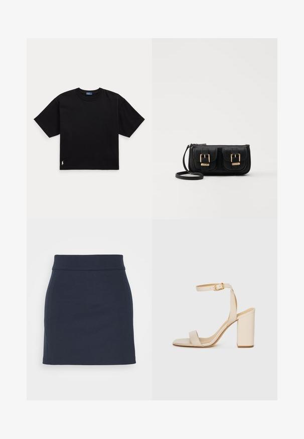 Svart bomull t-skjorte med korte ermer, rund hals, og en liten hvit logo nederst til venstre. Klassisk, boksete passform med minimale detaljer.; Mørkeblå miniskjørt laget av stretchy stoff, med en glatt tekstur, figurtilpasset design og en bred livlinje med rene sømdetaljer.; Beige høyhælte sandaler med firkantet tå, tynn ankelrem og blokk hæl. Glatt skinntekstur med gullspenne detaljer.; Svart skinn crossbody veske med to frontlommer, gyldne spenner, glidelåslukking og en slank stropp. Teksturert overflate og kompakt rektangulær form.