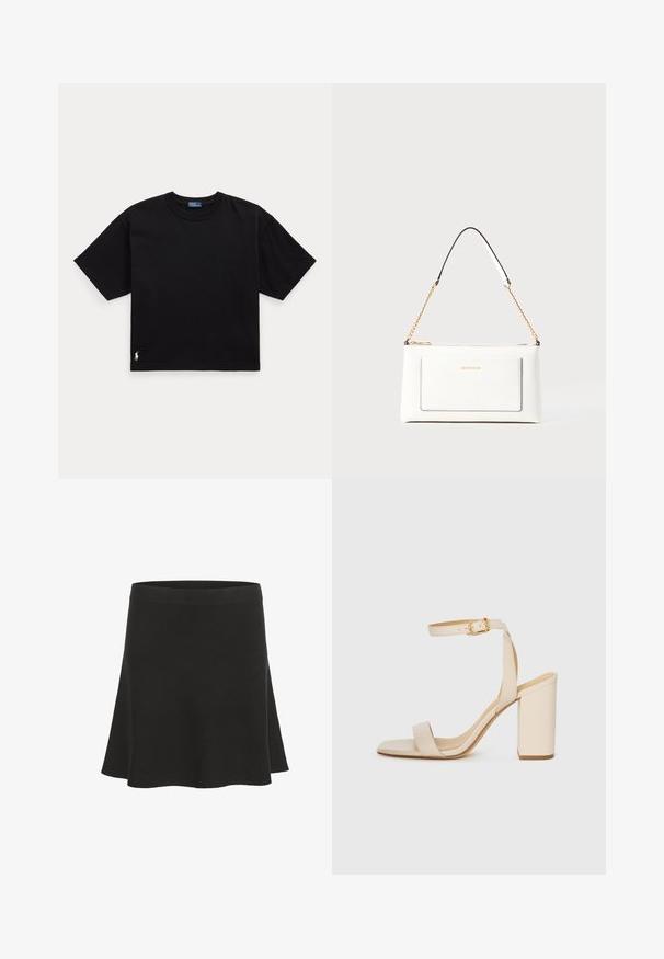 Sort bomulds T-shirt med korte ærmer, rund hals og et lille hvidt logo i nederste venstre hjørne. Klassisk, boxy pasform med minimal detaljering.; Sort flared mini nederdel lavet af blødt materiale med en glat tekstur og en bred talje. Har et enkelt design uden mønstre eller accenter.; Beige højhælede sandaler med firkantet tå, tynd ankelrem og blokhæl. Glat lædertekstur med detalje i guldspænde.; Hvid lædertaske med tekstureret overflade, med en guldkædetras og sorte detaljer. Indeholder en frontlomme og lynlås lukning.