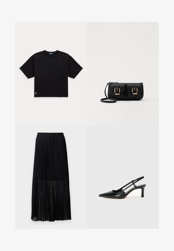 Juodas medvilnės marškinėliai trumpomis rankovėmis, apvaliu kaklu ir mažu baltu logotipu apatiniame kairiajame kampe. Klasikinis, dėžutės formos siluetas su minimaliu apdailos detalių skaičiumi.; Juoda plisėta midi sijonas su lygiu, elastingu juosmeniu ir permatomu užklotu, turintis smulkius vertikalius plišius per visą audinį.; Juodai lakuoti slingback aukštakulniai su smailiu nosiu, su tekstūruotu gyvatės raštu, reguliuojama juosta ir trumpu, tekstūruotu blokiniu kulnu.; Juodas odinis per petį nešiojamas krepšys su dviem priekiniais kišenėmis, auksiniais sagtimis, užtrauktuko uždarymu ir siauromis petnešomis. Textūruota paviršius ir kompaktiškas stačiakampis formatas.