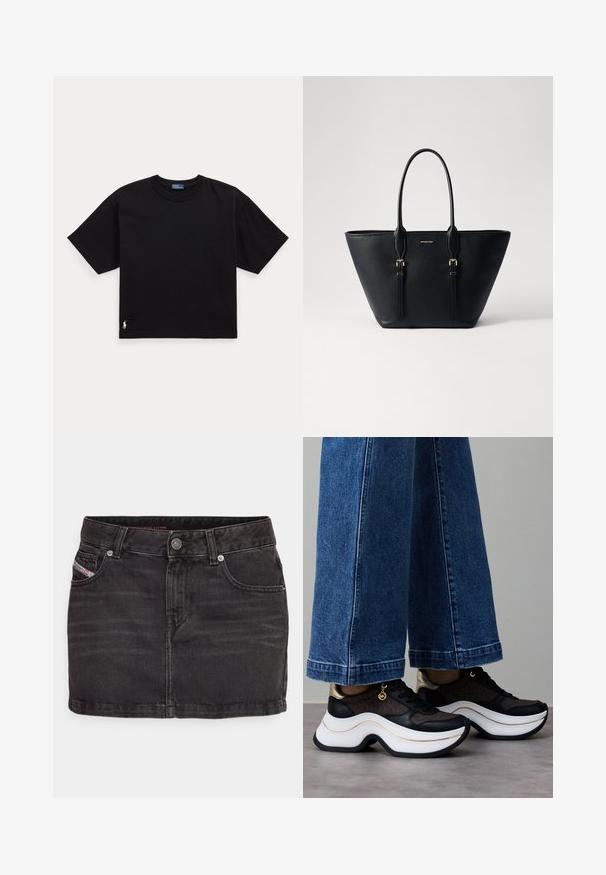 Fekete pamut póló rövid ujjal, kerek nyakkal és egy kis fehér logóval az alsó bal oldalon. Klasszikus, dobozos szabás minimális részletezéssel.; Fekete farmer mini szoknya, szűk szabással. Öt zsebből, gombos záródással és enyhe kopott textúrával rendelkezik.; Fekete és arany sportcipők ívelt, fehér talppal. Texturált szövet logós részletekkel. Széles, kék farmernadrággal párosítva.; Fekete bőr tote táska texturált felülettel, megnyúlt formával, dupla fogantyúkkal és arany tónusú fém részletekkel.